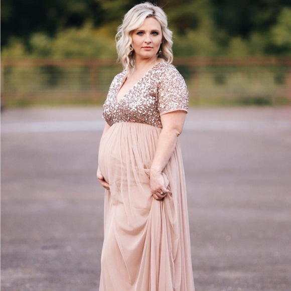 Maya | Dresses | Maya Maternity Bridesmaid Vneck Maxi Tullesequins  Dresstaupemuted Blush Sz 2 | Poshmark